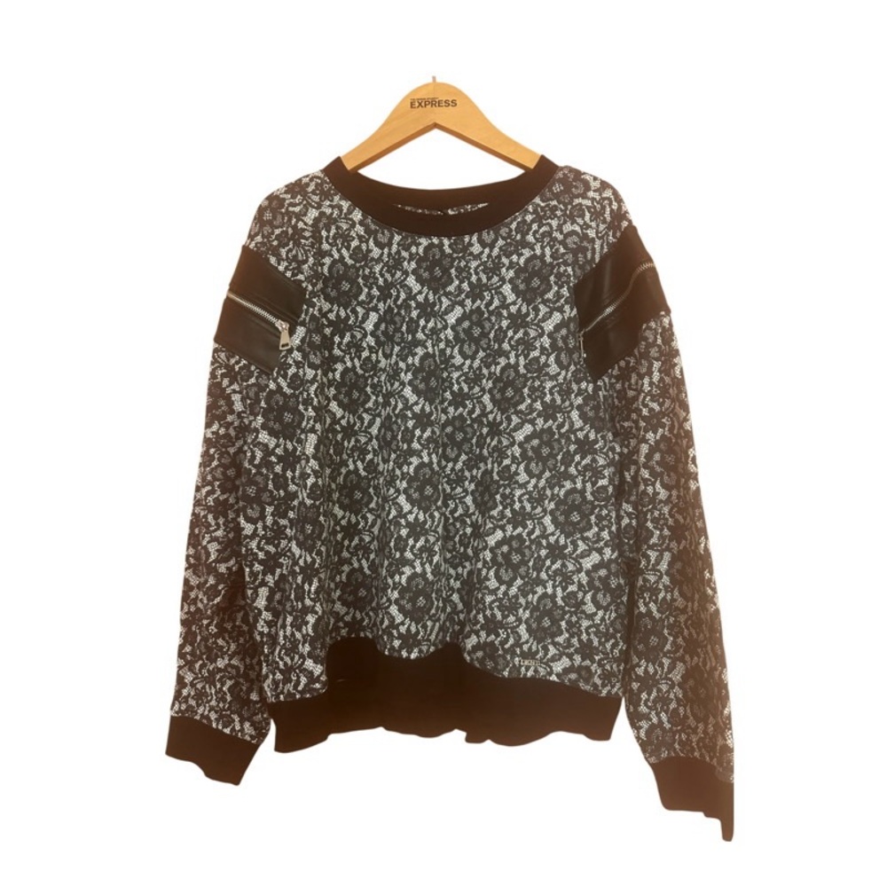 DKNY Lace Faux Leather Zipper Shoulders Sweater Women's   Black White….ZISE XL